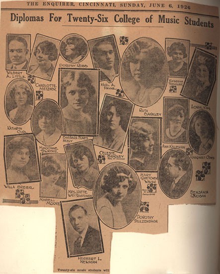 A newsclipping showing photos of 26 College of Music graduates, dated June 6, 1926