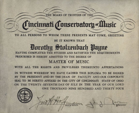 Dorothy Stolzenbach Payne's Master of Musc Diploma from the Conservatory of Music