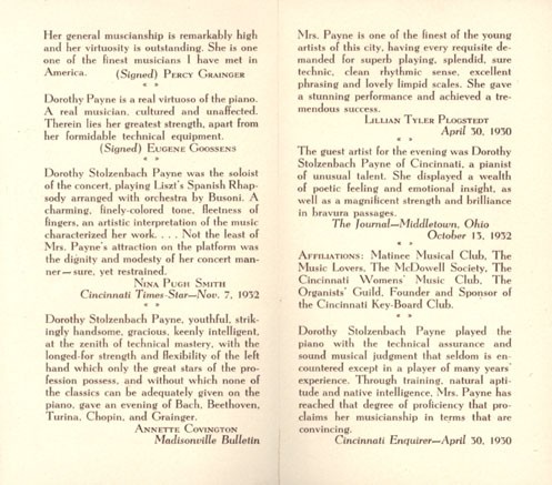 Quotes about Dorothy Stolzenbach Payne's musical talents taken from a program