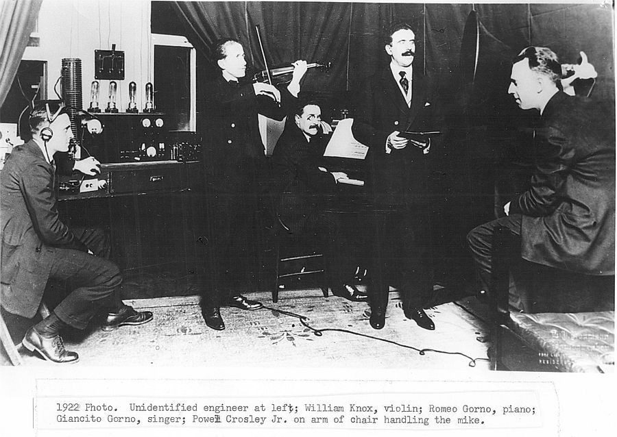 Romeo (piano) and Giancito (voice) Gorno, Cincinnati College of Music, with violinist William Knox performing on WLW radio's first broadcast in March 1922