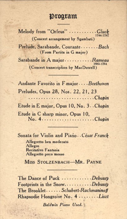 Program from joint recital Dorothy Stolzenbach and Karl Payne The back of a program for a recital featuring both Dorothy Stolzenbach and Karl Payne