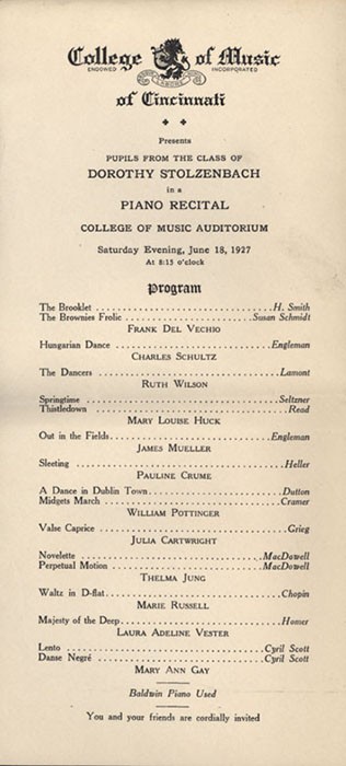 Piano Recital Program, June 18, 1927 A recital program for Dorothy Stolzenbach's students, June 18, 1927